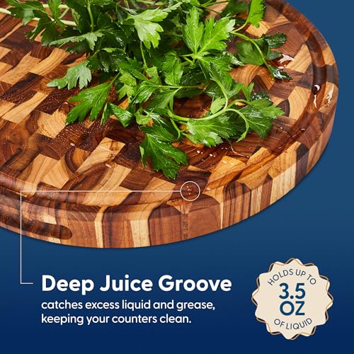 Sonder Los Angeles Vincent End Grain Teak Cutting Board, Round 15x15x1.5 in | Non-toxic, Juice Groove, Butcher Block, Perfect for Pizza & Charcuterie, Built-in Handles, Gift Box Included, 6 lbs - color: Vincent | Teak | End Grain
