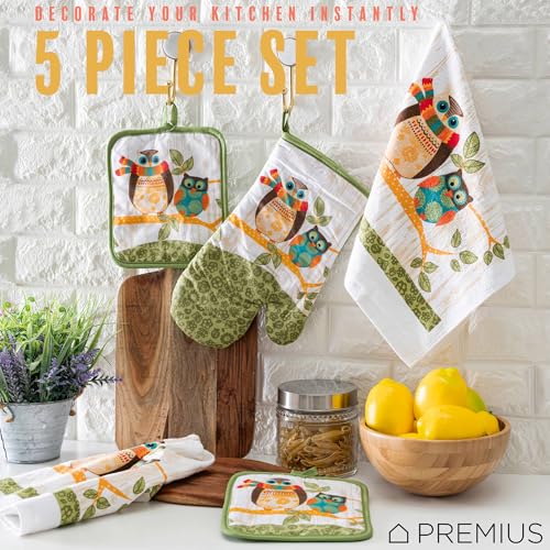 5 Piece Owls Printed Kitchen Linen Set By PREMIUS, 2 Cotton Towels, 2 Potholders, 1 Oven Mitt with Hanging Loop, 100% Cotton Material on Front & Polyester Backing, Perfect Kitchen Accessory, Gift - color: Owls