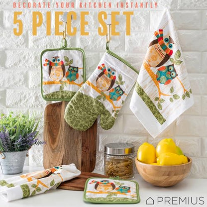 5 Piece Owls Printed Kitchen Linen Set By PREMIUS, 2 Cotton Towels, 2 Potholders, 1 Oven Mitt with Hanging Loop, 100% Cotton Material on Front & Polyester Backing, Perfect Kitchen Accessory, Gift - color: Owls