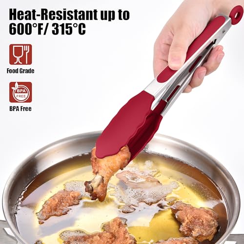 Doosu 600°F Heat Resistant Kitchen Food Tong for Cooking with Non-Scratch Silicone Tips (9in, Red) & 600°F Heat Resistant Spatula Set of 4 for Cooking Baking Stirring (Aqua Sky+Orange+Red+Purple)