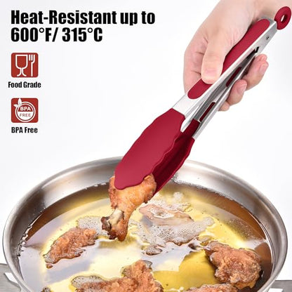 Doosu 600°F Heat Resistant Kitchen Food Tong for Cooking with Non-Scratch Silicone Tips (9in, Red) & 600°F Heat Resistant Spatula Set of 4 for Cooking Baking Stirring (Aqua Sky+Orange+Red+Purple)