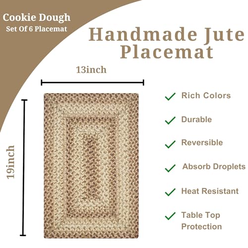 Homespice Cookie Dough Jute Braided Placemats, Rect 13x19 Set of 6 | Brown Everyday and Holiday Table Mats and Dining Table Mats for Kitchen, Rich Colors, Reversible, Durable and Easy to Clean - color: Cookie Dough