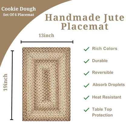 Homespice Cookie Dough Jute Braided Placemats, Rect 13x19 Set of 6 | Brown Everyday and Holiday Table Mats and Dining Table Mats for Kitchen, Rich Colors, Reversible, Durable and Easy to Clean - color: Cookie Dough