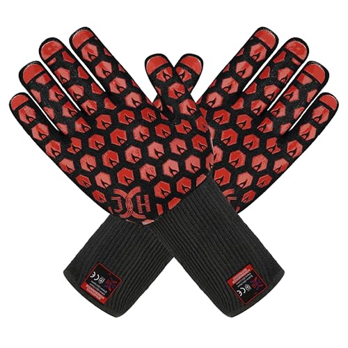 J H Heat Resistant Oven Glove:EN407 Certified 932 °F, 2 Layers Silicone Coating, Oven Mitts for Cooking, Kitchen, Fireplace,Camping, Grilling (Black/Red, Extra Long Cuff (Upgrade Comfortable FIT)) - color: Black/Red, size: Extra Long Cuff (UPGRADE COMFORT