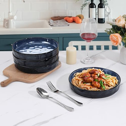 LIANYU 33oz Pasta Bowls Sets of 4, Wide Shallow Stoneware Dinner Plates | 8.25’’ Large Ceramic Serving Bowls for Salad, Noodles, Soup, Cereal, Microwave & Dishwasher Safe, Cetacean Blue - color: Cetacean Blue
