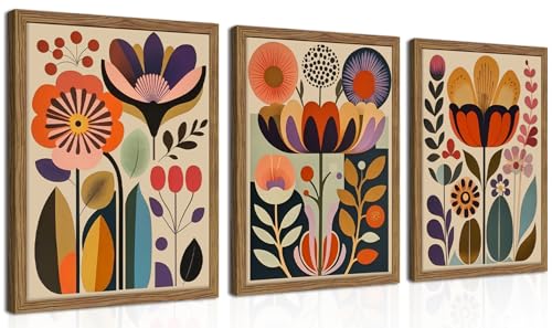 Framed Colorful Floral Wall Art Set of 3, Abstract Scandinavian Flower Canvas Wall Decor Paintings, Mid Century Modern Botanical Artwork Pictures Prints for Living Room Bedroom Dining Room 12x16 Inch - color: Abstract Colorful Floral, size: 16L" x 12W"