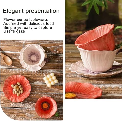 10 oz Tea Cups and Saucers, Hand-Painted Ceramic Flower-Shaped Coffee Cup | Saucer Set, Microwave & Dishwasher Safe, Elegant Floral Cup Set Gift for Women - color: Pink