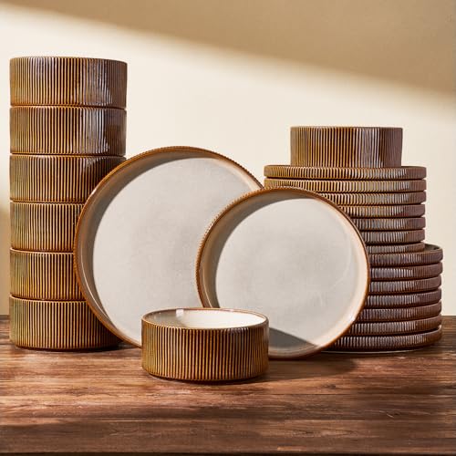 Stoneware Dinnerware Set for 8, Cream Brown Reactive Glaze | 24-Piece Ceramic Plates and Bowls, Handmade Ribbed Dishes, Daily Use, Microwave & Dishwasher Safe, Chip & Scratch Resistant - color: Cream Brown, size: Service for 8 (24pc)