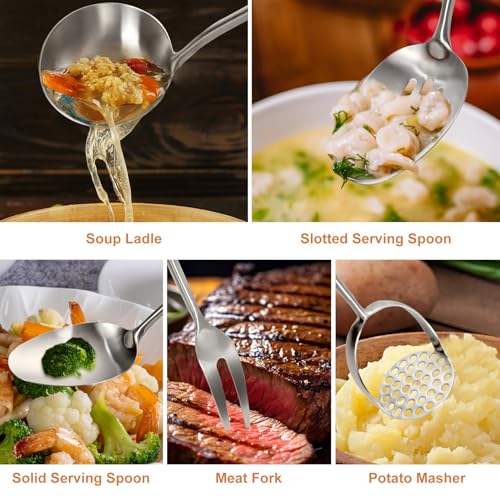 304 Stainless Steel Cooking Utensils Set, 12 Pcs Long Stainless Steel Kitchen Utensils Set, Metal Cooking Utensils Set with Potato Masher, Spoon, Ladle, Skimmer, Pasta Server etc(Dishwasher Safe)