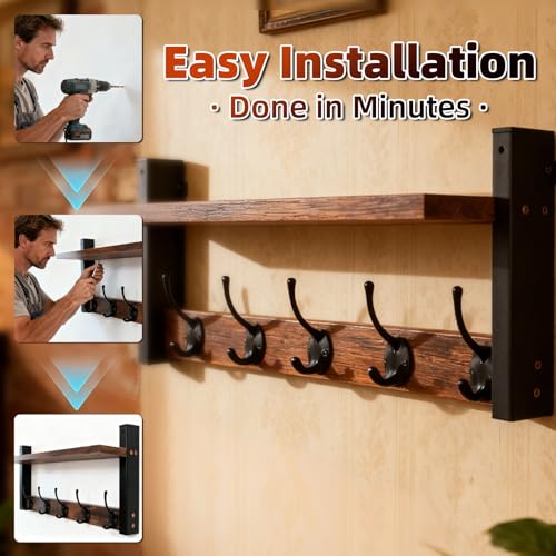 Wall Mounted Coat Hook with Shelf, 17 Inch | Entryway Key Holder, Mail Organizer, For Living Room Bedroom Kitchen Laundry Room
