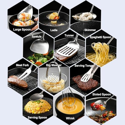 Stainless Steel Kitchen Utensils 13 PCS All Metal Set for Cooking | Food-grade 304;Dishwasher Safe;Made To Last;Meets All Needs;Great Choice for Gifts - color: Natural-13
