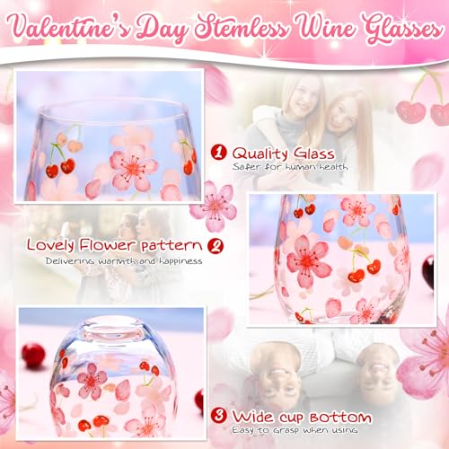 Sliner 2 Pack 17oz Cherry Blossom Stemless Wine Glasses Cherry and Flower Drinking Glasses Floral Tumbler Cups for Women Wedding Birthday Gift Parties Supplies - style: Cherry and Flower