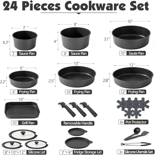 SENSARTE 24 Piece Nonstick Detachable Handle Pots and Pans Set Black | Removable Handle Cookware Set, Induction Cookware Set with Removable Handle, Healthy Non Stick for RV, Dishwasher ＆ Oven Safe - color: Black, size: 24 Piece
