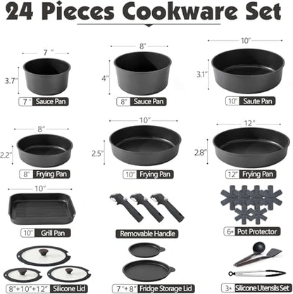 SENSARTE 24 Piece Nonstick Detachable Handle Pots and Pans Set Black | Removable Handle Cookware Set, Induction Cookware Set with Removable Handle, Healthy Non Stick for RV, Dishwasher ＆ Oven Safe - color: Black, size: 24 Piece