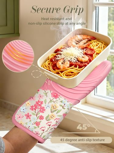 Slohif Long Silicone Oven Mitts Heat Resistant for Women - 2 Pcs Pink-Green Flower 100% Cotton Oven Gloves, Non-Slip and Waterproof Silicone Oven Mitts with Hanger for Baking and Cooking - color: Pink Green Flower
