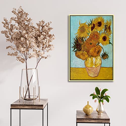 Wieco Art Framed Canvas Wall Art Size L Sunflower by Vincent Van Gogh Oil Paintings Reproduction Abstract Wall Decorations for Living Room Golden Frame Home Decorations - size: 24"L x 16"W