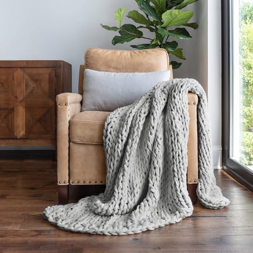Merit Linens Chunky Knit Throw Blanket - One Size Light Gray - color: Chunky Hand-knit Light Gray