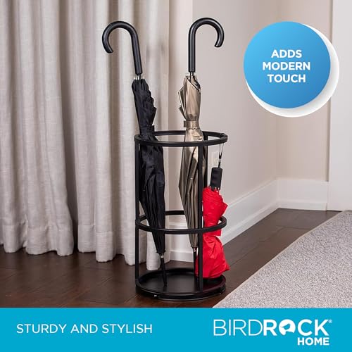 BIRDROCK HOME Circular Umbrella Holder with Removable Drip Tray - Stand for Umbrellas - Entryway - Decorative Metal Freestanding Rack Organizer - Cane Walking Stick Holder - Black - style: Open
