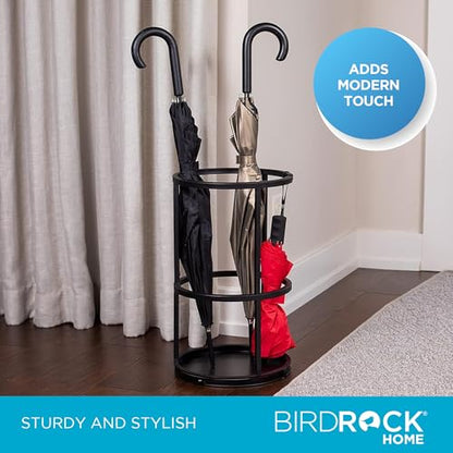 BIRDROCK HOME Circular Umbrella Holder with Removable Drip Tray - Stand for Umbrellas - Entryway - Decorative Metal Freestanding Rack Organizer - Cane Walking Stick Holder - Black - style: Open