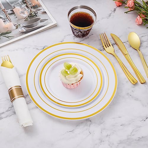 175 Piece Gold Plastic Dinnerware Set for 25 Guests | Disposable Dinnerware Includes: 25 Dinner Plates, 25 Dessert Plates, 25 Pre Rolled Napkins with Gold Silverware, 25 Cups - color: Gold, style: 175 Piece (25 guests)