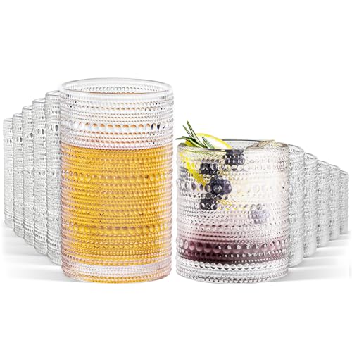 Hobnail Drinking Glasses Set of 12, 12 oz Highball Glassware & 10 oz Cocktail Glasses, Vintage Embossed Beaded Glass Cups for Kitchen,Beer,Soda, Whiskey,and Beverages,Dishwasher Safe - color: Clear-12PCS