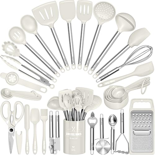 Kitchen Utensils Set-Umite Chef 34 Pcs Silicone Cooking Utensils Set for Nonstick Cookware-Silicone Spatulas Set, Stainless Steel Handle-White Kitchen Gadgets Tools, Pots and Pans Accessories - color: White