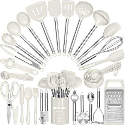 Kitchen Utensils Set-Umite Chef 34 Pcs Silicone Cooking Utensils Set for Nonstick Cookware-Silicone Spatulas Set, Stainless Steel Handle-White Kitchen Gadgets Tools, Pots and Pans Accessories - color: White