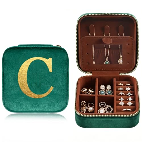 Personalized Jewelry Box Travel Jewelry Case For Women Vintage Green Plush Velvet Gifts For Family Member Friends For Carrying During Short Trips Business Trips Travel Essentials Letter C - color: C