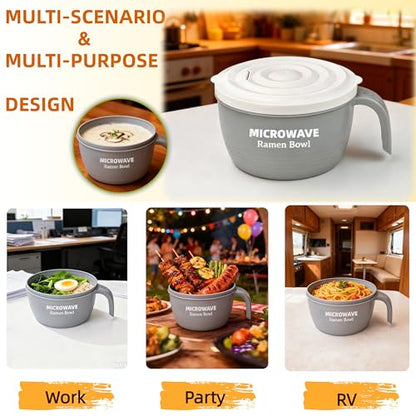 Layron Ramen Cooker Bowl - 45 oz Microwaveable Noodle Bowl Ramen in few Minutes- BPA Free and Dishwasher Safe Set with Chopsticks Perfect for Dorm, Small Kitchen, or Officee (grey) - color: Gray