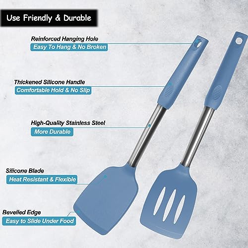 Silicone Spatula and Cooking Spoon,5 Pack Solid & Slotted Spoons and Spatulas High Heat resitant for Kitchen, Stainless Steel Handle Coated with Silicone, Non Stick Utensil, Starry blue - color: Starry blue
