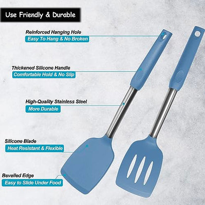 Silicone Spatula and Cooking Spoon,5 Pack Solid & Slotted Spoons and Spatulas High Heat resitant for Kitchen, Stainless Steel Handle Coated with Silicone, Non Stick Utensil, Starry blue - color: Starry blue