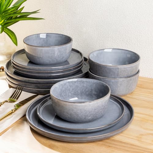 AmorArc Stoneware Dinnerware Sets for 4, 12Pcs Plates and Bowls Sets Dishes | Ceramic Round Reactive Glaze Dishes Set, Highly Scratch Resistant | Dishwasher & Microwave Safe Dishware - color: Reactive Grey, size: Service for 4
