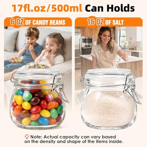 SKOCHE 17oz Glass Jars with Airtight Lids 6 Pack, Air Tight Glass Storage Jar, Leakproof 17 oz Jars with Seal Wire Clips for Pickling, Kitchen, Canning Jam, Food Storage, Preserving Nuts and Snacks - size: Large