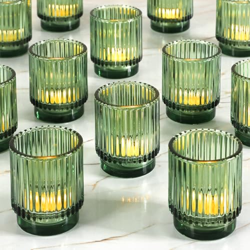 Vintage Ribbed Green Glass Tealight Candle Holders Set of 12 | Votive Candle Holders for Wedding Bridal Shower Party Table Fall Boho Shelf Decor - color: Green
