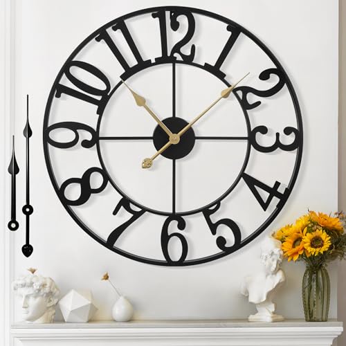 Large Wall Clock for Living Room Decor - 47cm/ 18 Inches Silent Non-Ticking Metal Wall Clocks Battery Operated, Vintage Decorative Modern Wall Clock for Bedroom, Office, Farmhouse Decor - color: Black - Arabic Numerals, size: 47CM