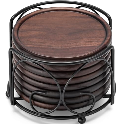 Wood Coasters with Holder, GOH DODD Set of 8 Walnut Wooden Coaster Tabletop Protection for Drinks Coffee Table Home Kitchen Office Bar Living Room Decor Housewarming Gifts Wedding Party, 4 Inch - color: 8 Pieces With Metal Holder