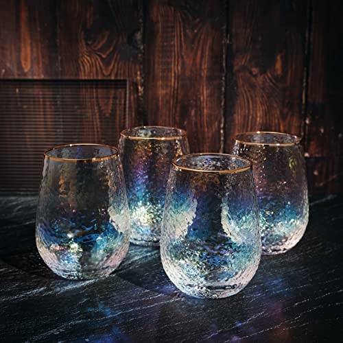 Rainbow Hammered Iridescent Stemless Wine & Water Glasses - Set of 4-100% Glass 15oz Mouthblown Colorful Pearl Glasses - Anniversaries, Birthday Gift, Cocktail Party Radiance - Water, Whiskey, Gift