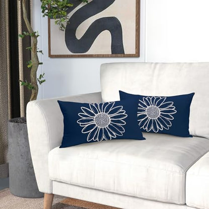 Navy Blue Daisy Flowers Lumbar Pillow Covers Spring Summer Floral Bloom Decorative Pillow Cases Seasonal Modern Throw Pillows 12X20 Inch Set of 2 Farmhouse Home Decor for Sofa Couch