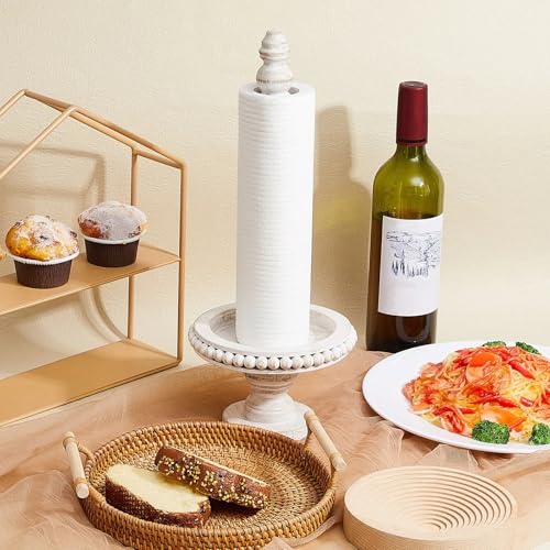 Farmhouse Paper Towel Holder Kitchen Countertop Wood Paper Towel Stand, Standing Paper Towel Dispenser Rack, White Washed Beaded Roll Paper Towel Stand and Non Woven Paper Towel for Kitchen Toilet