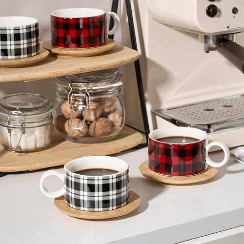 LUKA Porcelain Espresso Cup with Metal Stand,6 Ounce Stackable Ceramic Demitasse Espresso Mugs Cappuccino Cups Set for Latte,Coffee,Cafe Mocha,Tea - Set of 4 (Plaid Red & Gray) - color: Red Black Plaid
