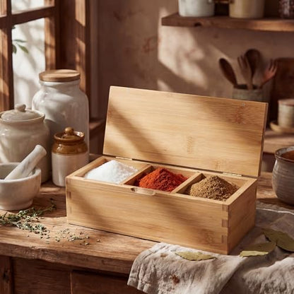 Bamboo Salt Cellar Spice Box with Magnetic Lid 29oz Large Capacity Salt Organizer 3 Compartments for Kitchen Countertop, Pepper, Seasonings, Spices, Grilling & Cooking - color: Bamboo, style: 3 Compartments