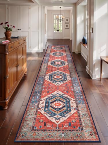 SERISSA 2'6"x14' Washable Non Slip Boho Runner Rug for Hallway，Rust | Ultra Soft Vintage Oriental Carpet Low-Pile Tribal Floor Carpet for Kitchen Bedroom Entryway Bathroom Laundry Room - color: Rust/Multi, size: 2'6" x 14' (Runner)