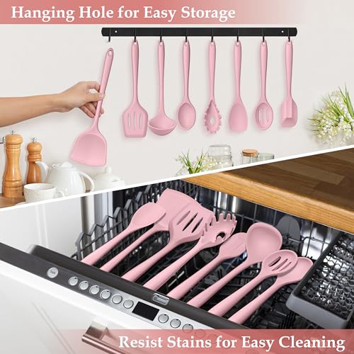 LIANYU Pink Silicone Cooking Utensils Set of 8, Non-Toxic Kitchen Utensils | Include Spatulas Spoons, Heat Resistant Non-Scratch Kitchen Tool, Healthy & Dishwasher Safe - color: Pink
