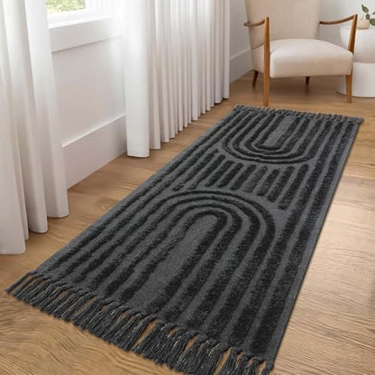 Washable Kitchen Rug 2'x4.3', Dark Grey Boho Bathroom Runner Rugs | Hand-Woven Entryway Rug, Rainbow Bedroom Rug with Tassels, Farmhouse Tufted Bohemian Rugs for Bedside/Laundry/Nursery - color: Dark Grey, size: 2' x 4' (Rectangular)