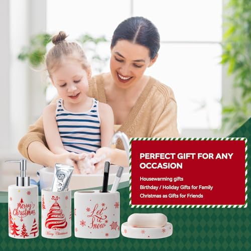 Christmas Bathroom Accessories Set, 4-Piece Ceramic Bathroom Accessory Set Include Lotion Dispenser, Toothbrush Holder Tumbler, and Soap Dish (White) - color: White