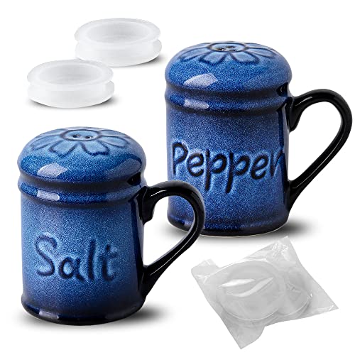 Nihow Ceramic Salt & Pepper Shakers Set with Handle for Kitchen Counter | 2.6 Inch Resist Rusting Seasoning Shaker -Elegant Black & Blue (Set of 2) - size: Shaker with handle