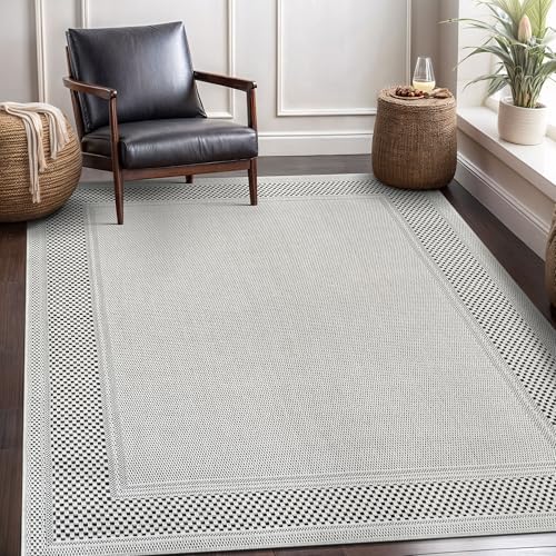 Easy Jute Rug 5x7, Indoor Outdoor Off-White Color Fiber Area Rugs for Living Room Patio and Kitchen Rug Bordered Boho Woven Design, Easy-Cleaning, Washable Outside Carpet (5 x 7) - color: Bordered/Bone-black, size: 5' x 7' (Rectangular)