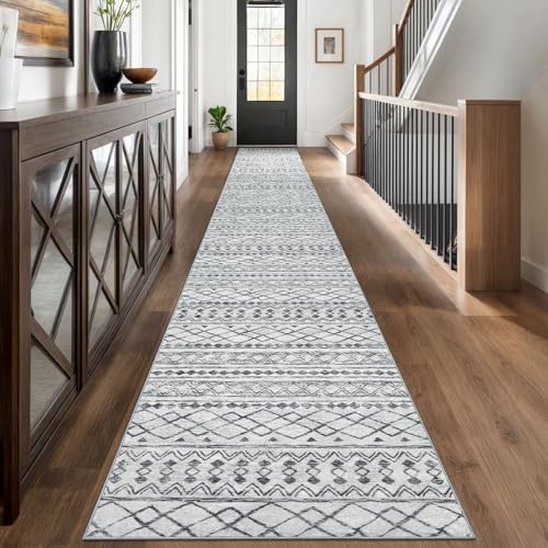 KUTA Long Hallway Runner Rug 2.6x18 Washable, Geometric Vintage Grey Boho | Non-Slip, Non-Shedding, Low Pile, Ultra Soft Floor Carpet Rugs for Hallway Kitchen Entryway Stair Laundry Foyer - color: Grey, size: 2'7" x 18' (Runner)