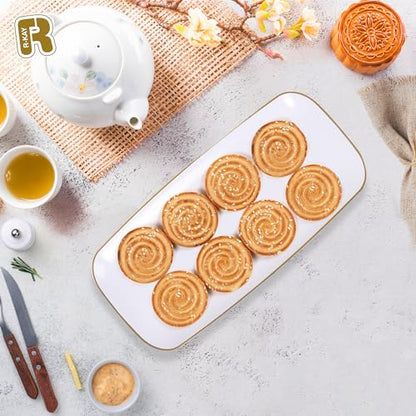 R-kay 4 Pack Gold Rim Plastic Serving Trays - 10 by 5.5 in Heavy Duty Rectangular Platters for Food and Desserts - Premium White Party Trays - color: White And Gold, size: 10 Inch