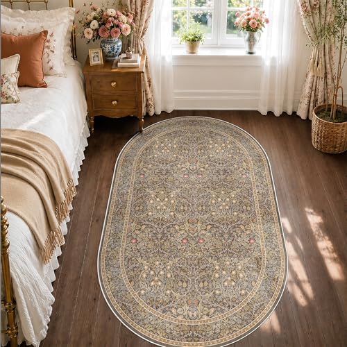 Brown Washable 3x5 Oval Bedroom Bedside Rugs, Small Oval Area Rugs for Entryway, Bathroom, Kitchen, Reading Corner, Laundry Room, Mudroom, Non-Slip Stain Resistant Low Pile Throw Rug Indoor Door Mat - color: Gold Brown, size: 3' x 5' (Oval)
